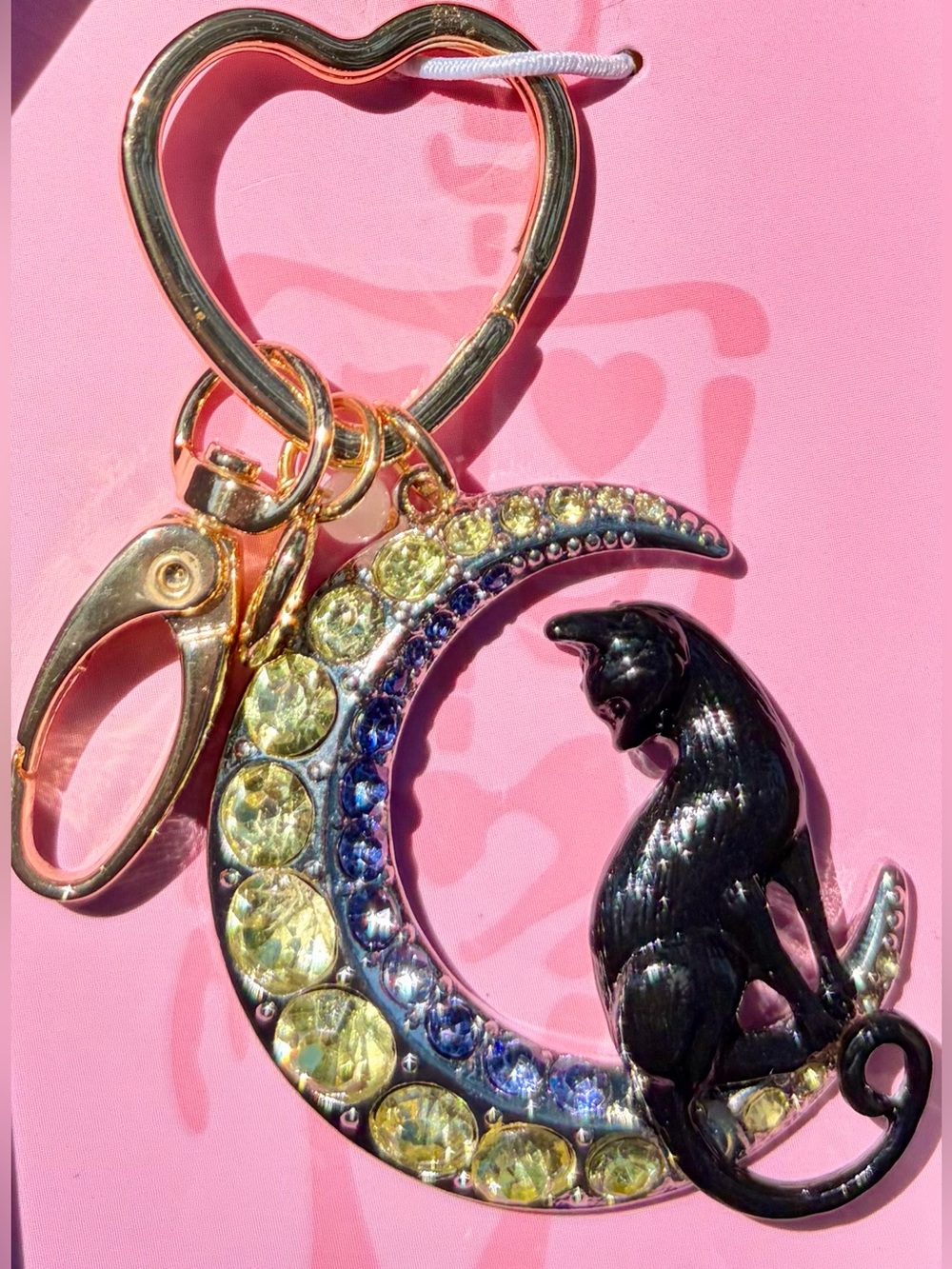 NIB BETSEY JOHNSON Black Cat on Gold Moon Keychain and/or Bag Charm w/Crystals - Picture 2 of 7